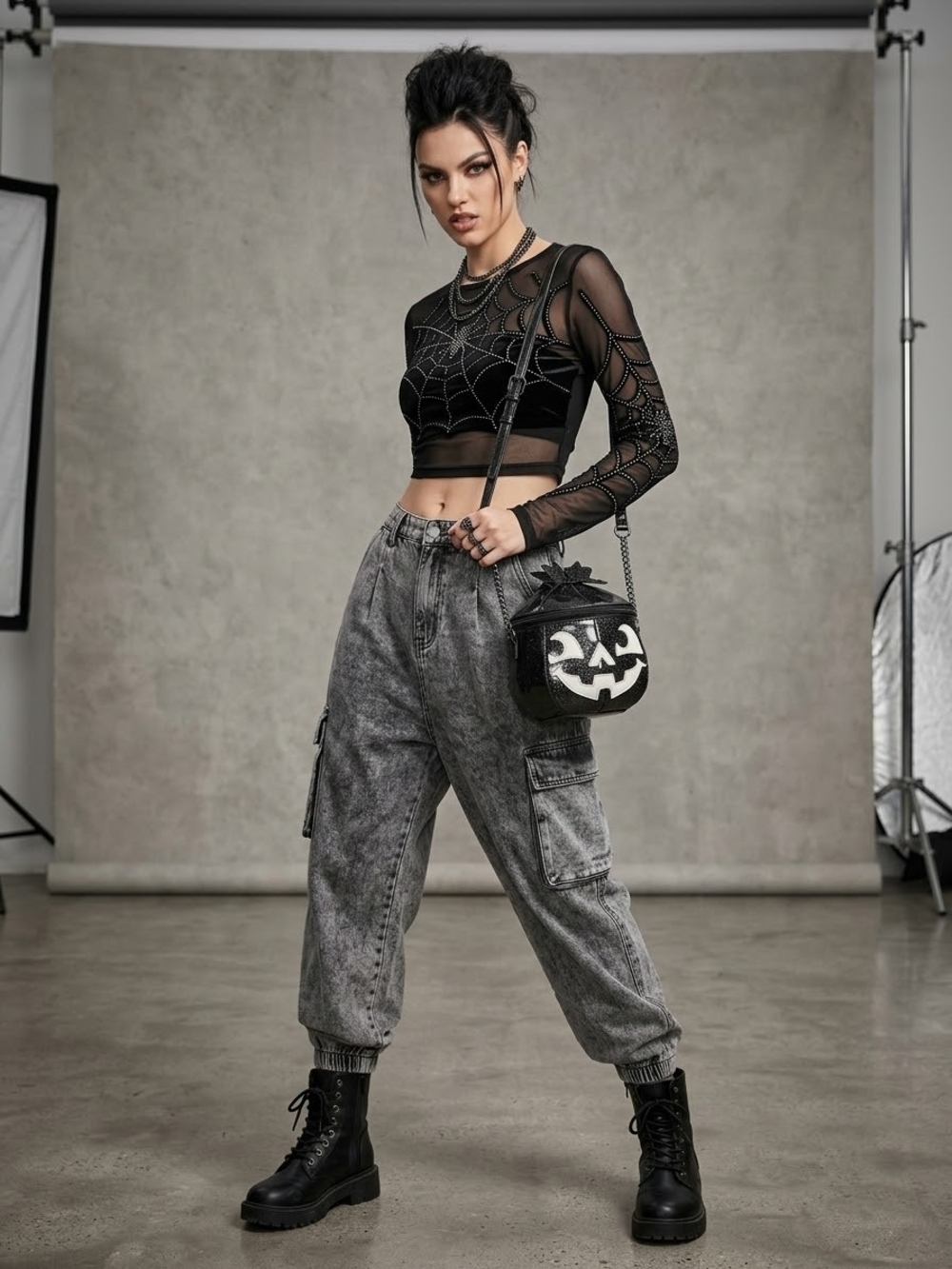 Black Halloween Pumpkin Crossbody Bag - Women